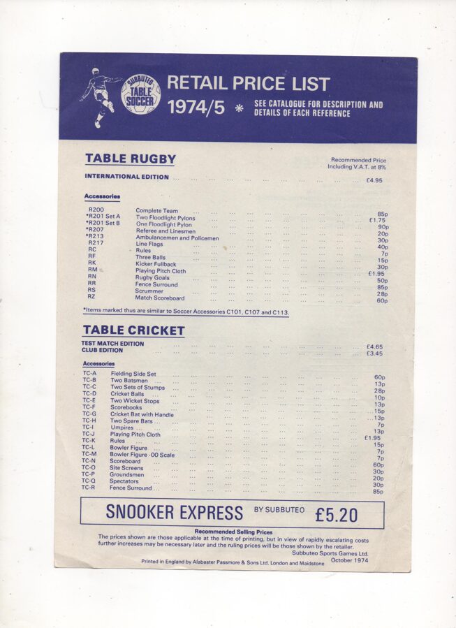 Price List : 1974/75